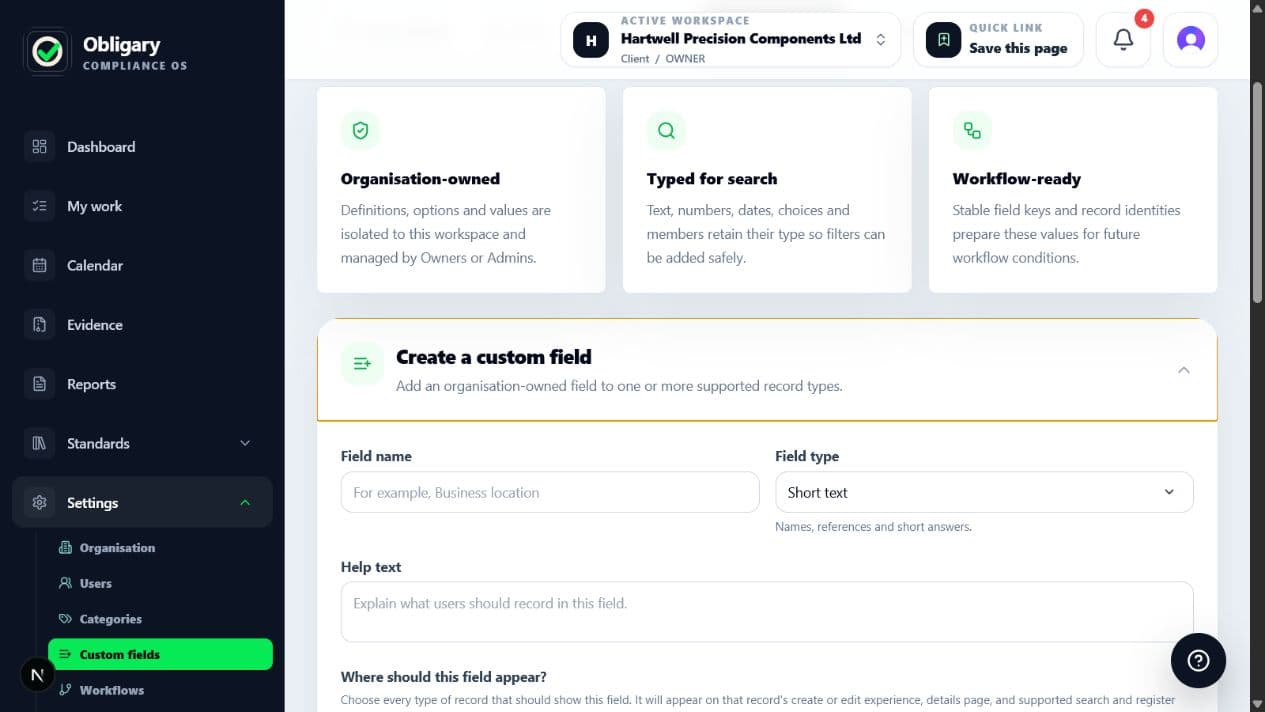 Expanded Create a custom field form with name, type, help text and record scope controls