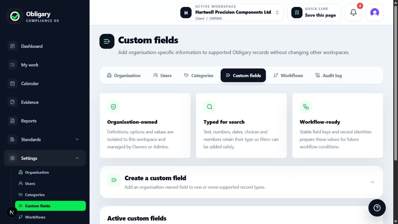 Obligary Custom fields settings page showing the organisation-owned guidance and active field definitions