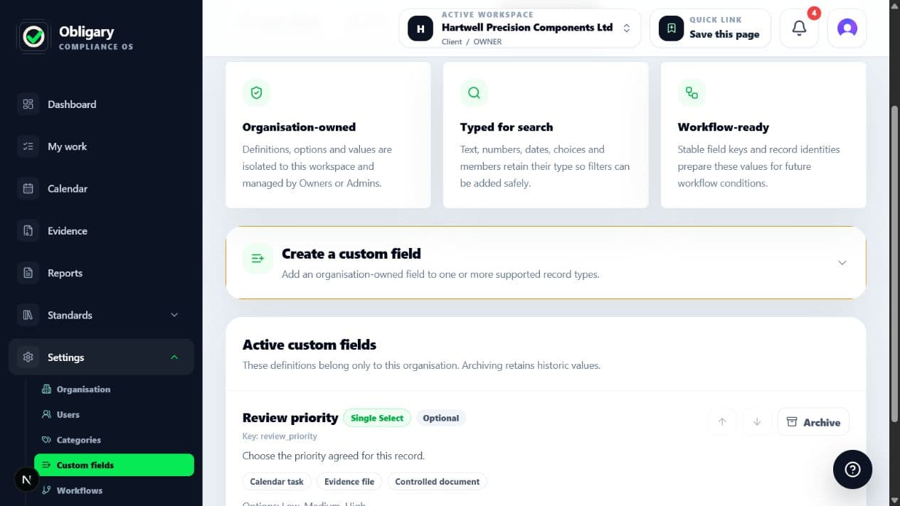 Active custom field card showing type, scope, stored value count and management actions