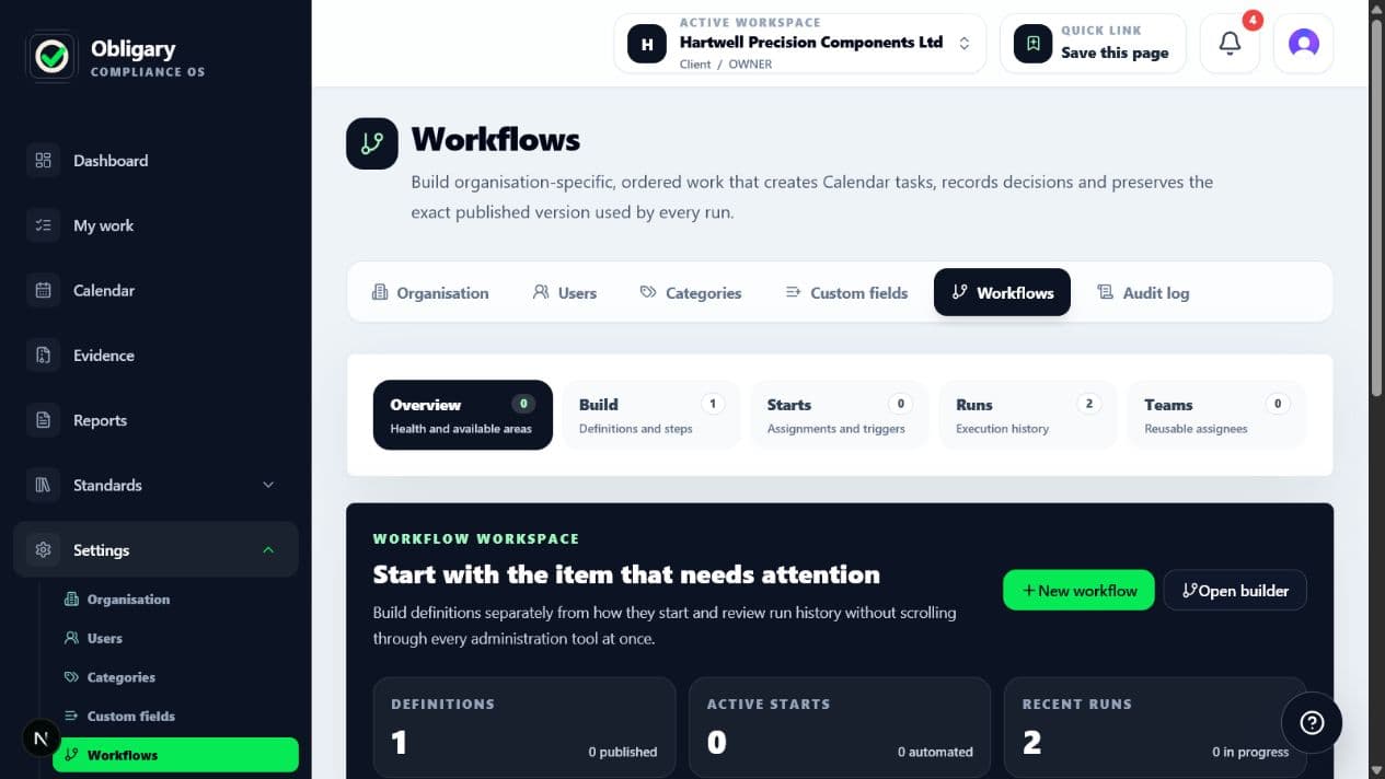 Obligary workflow settings Overview showing workspace tabs, workflow health and available areas