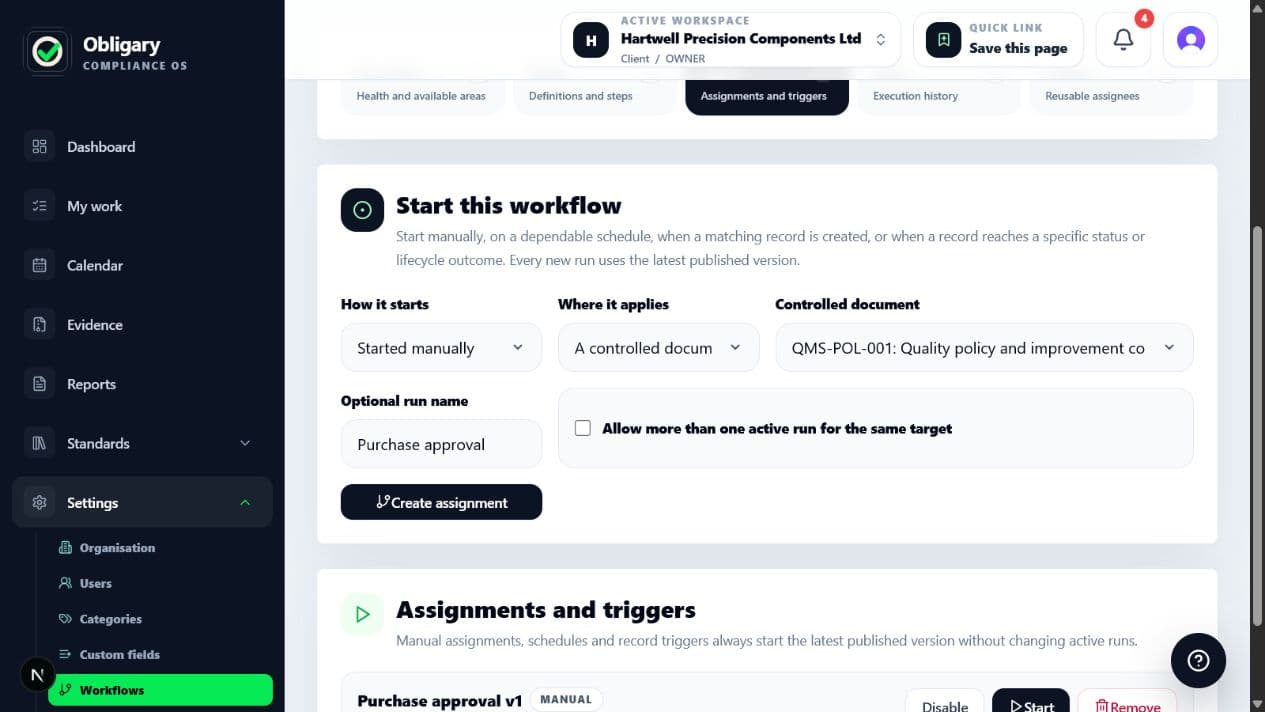Obligary workflow Starts workspace showing assignment trigger setup and existing workflow starts