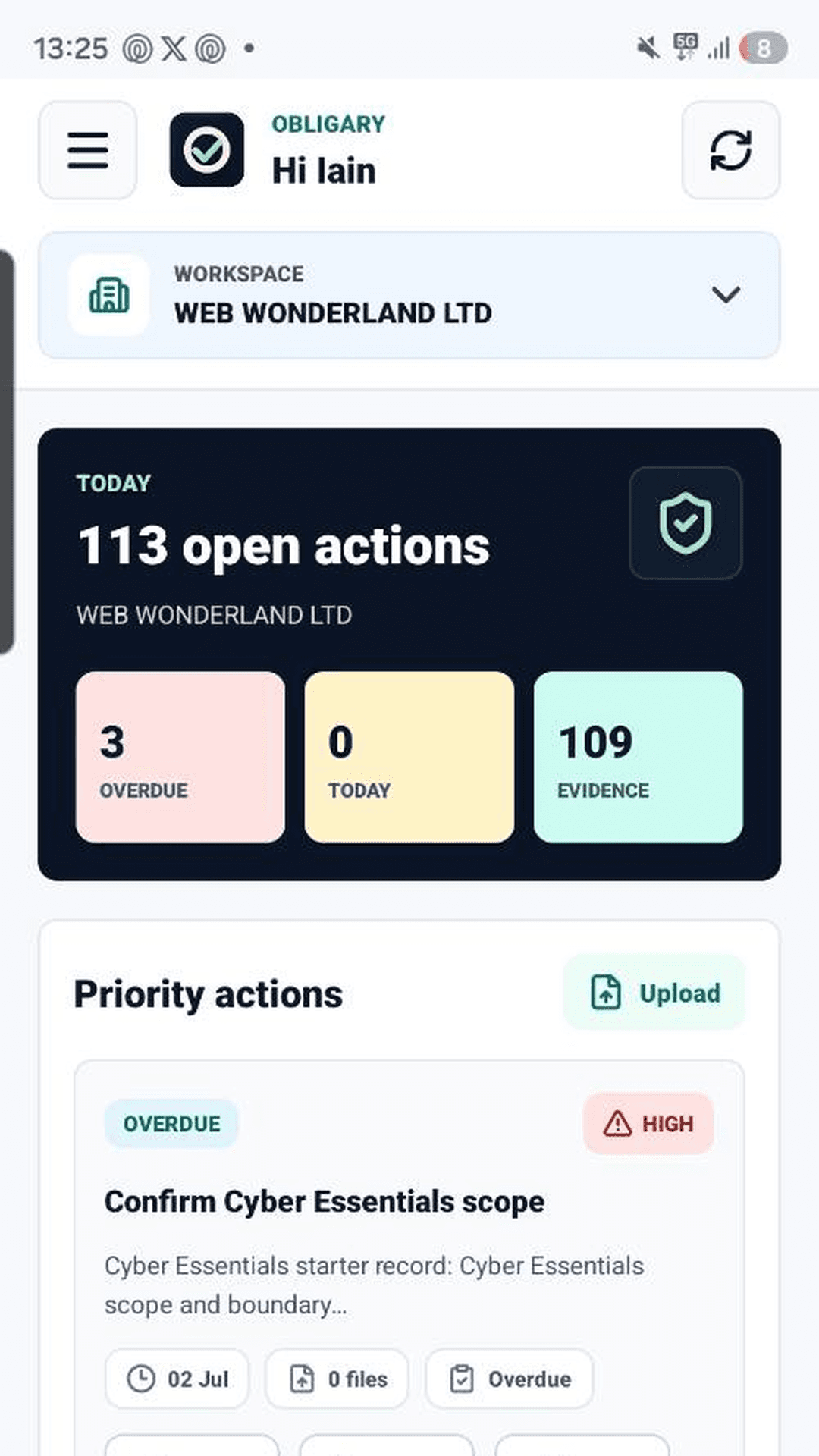 Obligary mobile dashboard showing open actions, overdue items and priority work