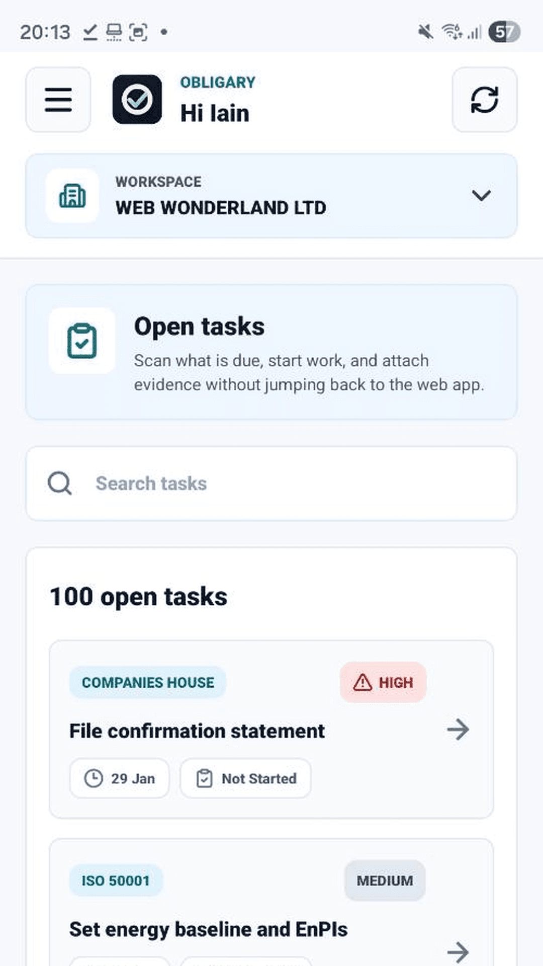 Obligary mobile task list with search, filters and open work