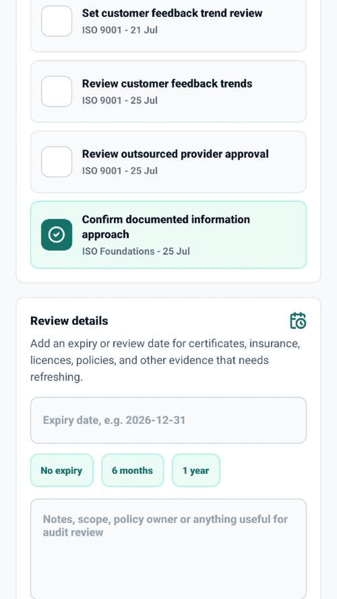 Reviewing an evidence upload, linked tasks and review date in the Obligary mobile app